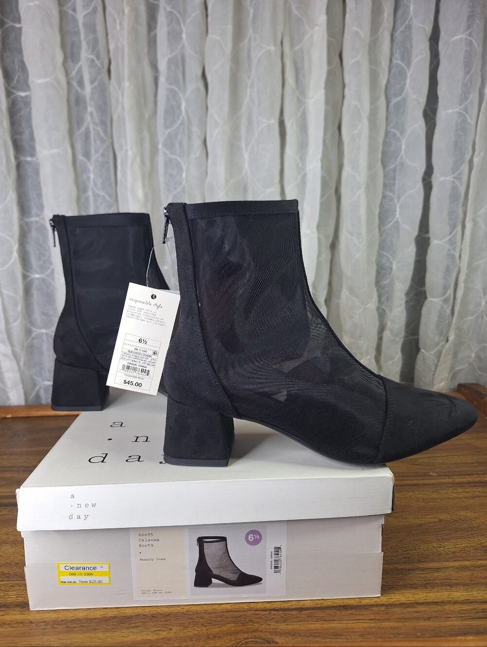 A New Day Black Mesh Pointed Toe Block Heel Ankle Boots Memory Foam Woman's 6.5